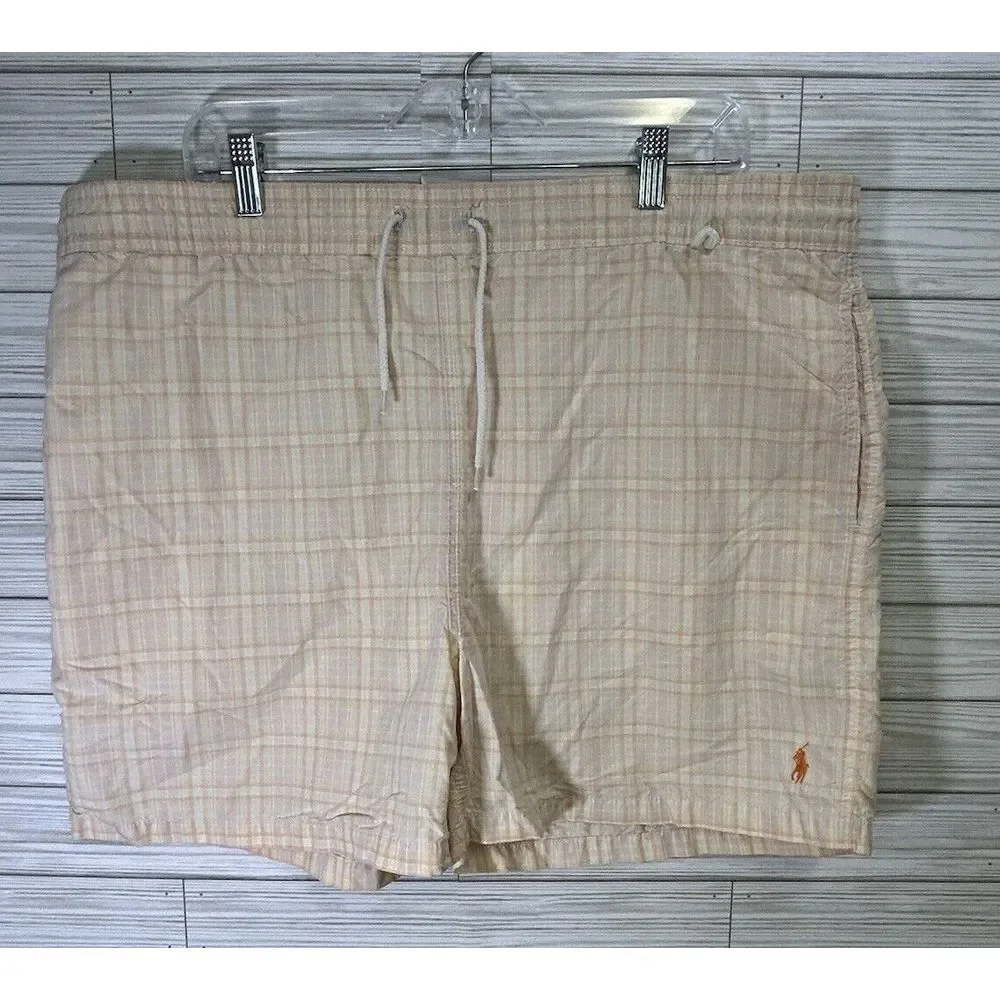 Polo Ralph Lauren Orange Yellow Plaid Swim Trunks String Tie White Size XL